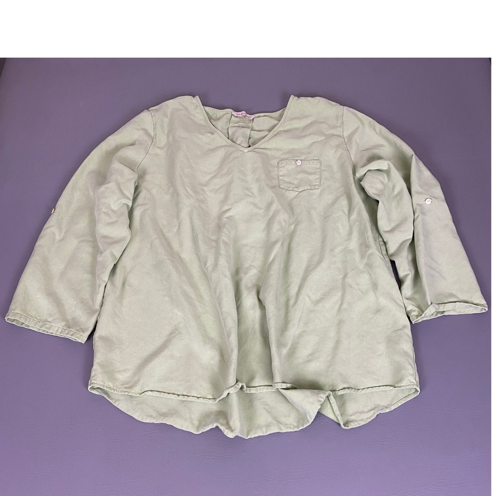 Soft Surroundings Blouse Top 3X Sage Green Tencel Lyocell V-Neck Roll Tab Sleeve